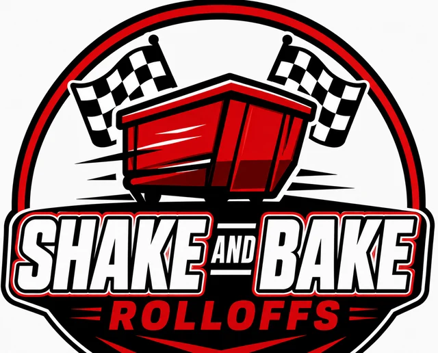 Shake and Bake Rolloffs logo: a red roll-off dumpster between two checkered flags